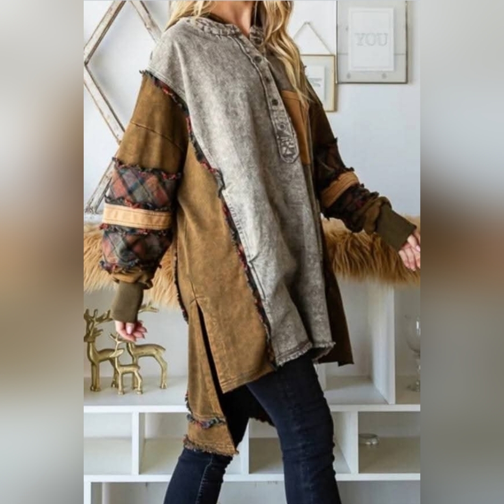 New Oli & Hali Oversized Patchwork Mineral Wash Hoodie with Plaid Accents Sz M/L - Picture 3 of 16